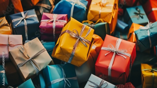Colorful pile of wrapped birthday and holiday gift boxes