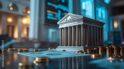 bank model on the table with stock market background, financial institutions that control monetary and fiscal policy and interest rate
