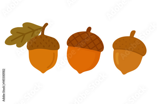 WebVector illustration of three cute cartoon acorns in warm autumn colors on white background.