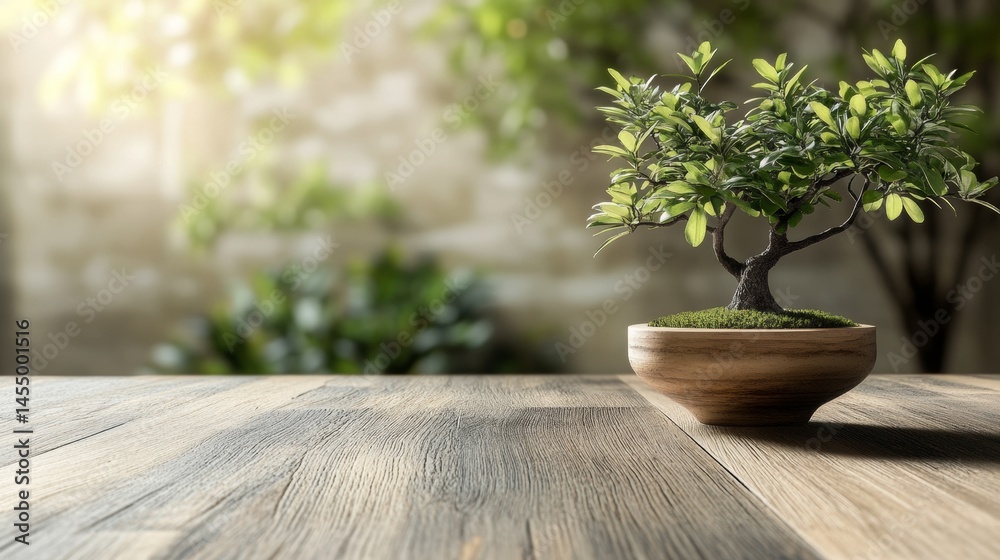 Fototapeta premium Small bonsai tree in clay pot on wooden table under sunlight