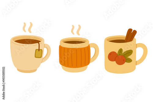 Three cozy autumn mugs with hot drinks in warm colors for seasonal design and decor.
