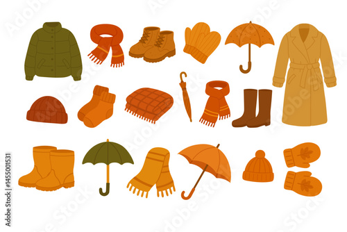 Cozy fall clothes and accessories for cold weather like jackets, boots, hats and scarves.