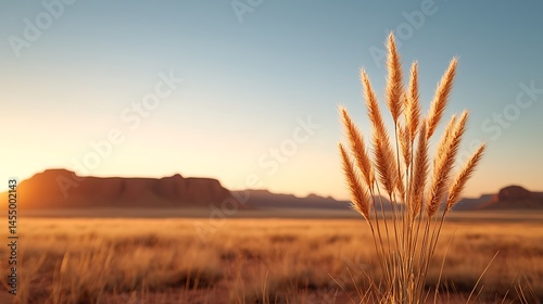 Golden Sunset Over Rugged Desert Landscape with Grass