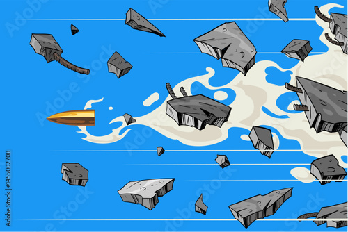 Bullet pierces a concrete wall. Comic book art illustration