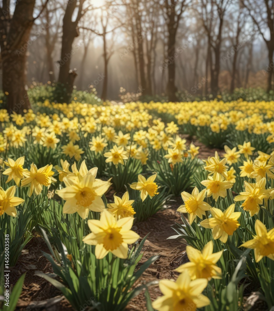 Fototapeta premium Abundant daffodils bathed in sunlight, cheerful springtime scene, daffodil, sunshine