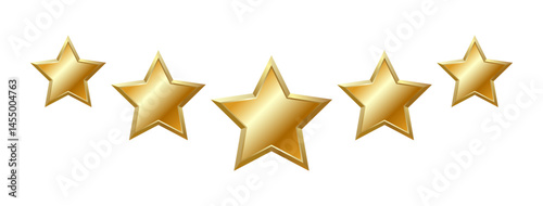 Isolated 5 shiny realistic gold on transparent background, matte star with metallic effect. Five elements for medal, award, rating designation, hotel status, customer feedback, review. Vector EPS10