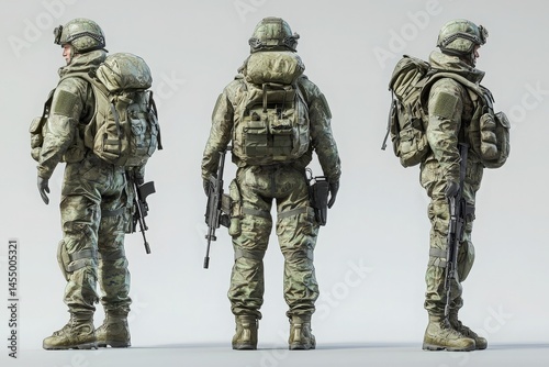 Three soldiers in full tactical gear stand in a neutral environment, showcasing their military uniforms and equipment. Each soldier is positioned differently to illustrate gear diversity.
