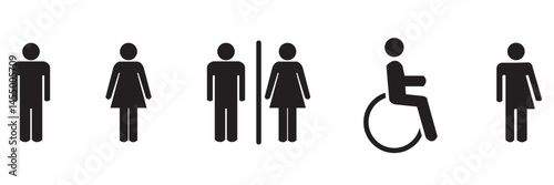 Toilet icons set, common male female restroom, handicap wheelchair access, sanitizer liquid soap, WC direction, baby changing table room, toilet signs, WC signs collection