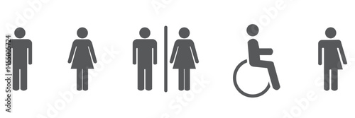 Toilet icons set, common male female restroom, handicap wheelchair access, sanitizer liquid soap, WC direction, baby changing table room, toilet signs, WC signs collection