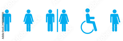 Toilet icons set, common male female restroom, handicap wheelchair access, sanitizer liquid soap, WC direction, baby changing table room, toilet signs, WC signs collection