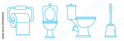 Toilet line icon set. WC sign. Man, woman, shower, mother with baby, handicap symbol. Restroom for male, female, disabled pictograms. No smoking, do not throw trash in toilet bowl. Vector graphics