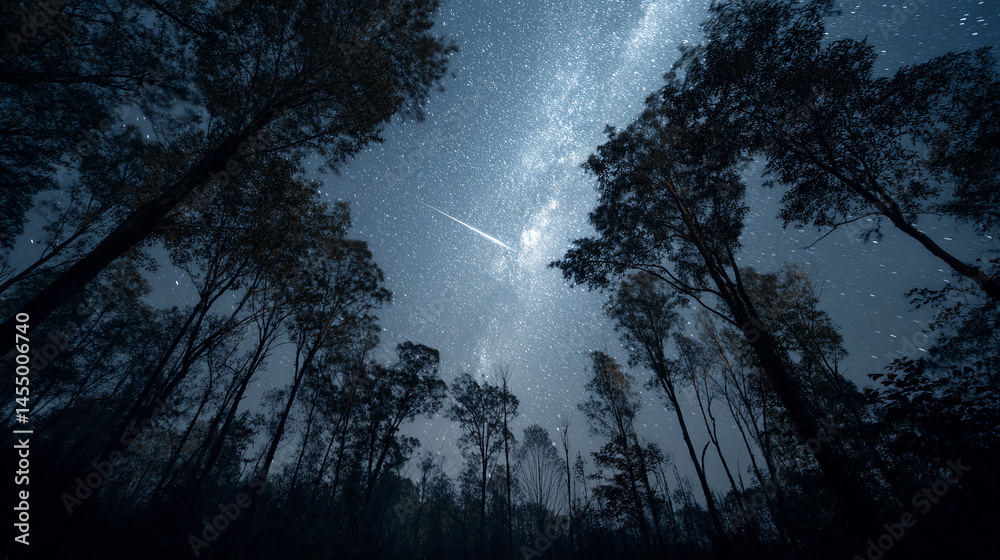 Fototapeta premium Night sky view through trees with milky way and meteor shower in the distance