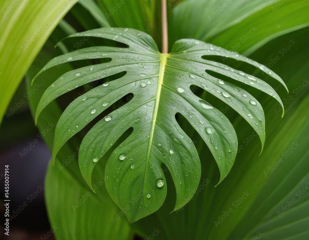 Obraz premium Dramatic closeup of a monstera leaf with water droplets, in a lush setting