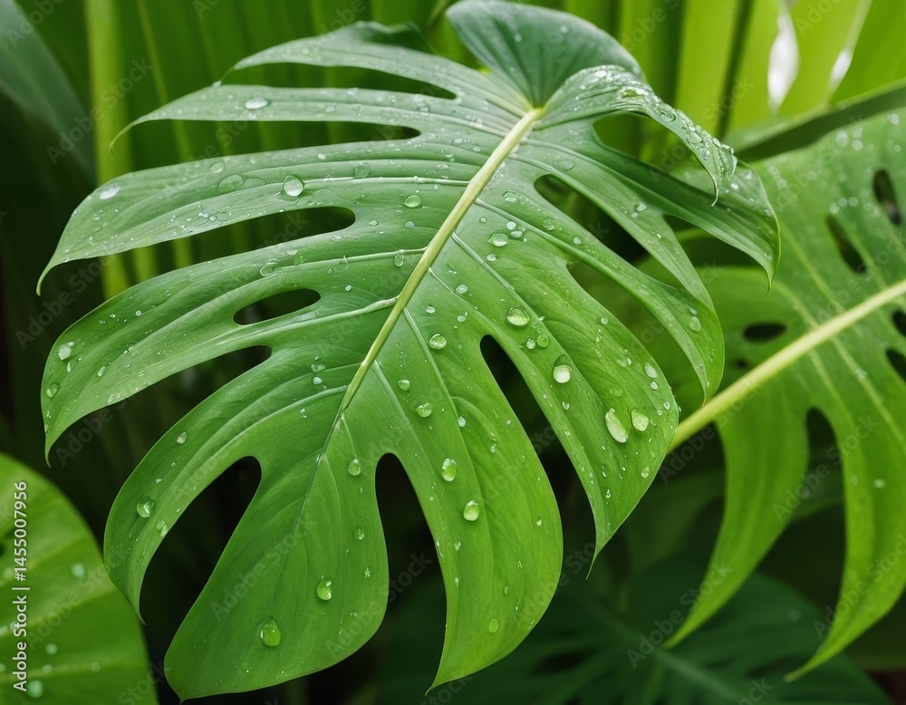 Obraz premium Vibrant monstera leaf adorned with water droplets displaying freshness
