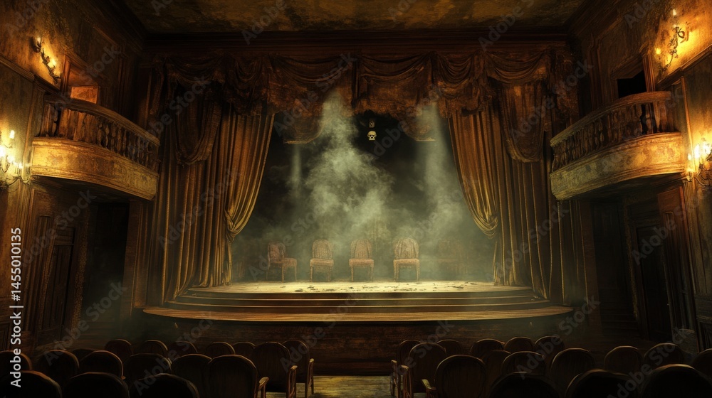 Obraz premium Empty grand theater stage in a dimly lit, historical venue.