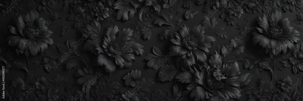 Deep black floral wallpaper with embossed texture Luxurious, rich, intricate patterns , stylish, black Deep black floral wallpaper with embossed texture Luxurious, rich, intricate patterns , stylish, black