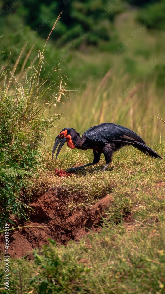 Naklejka premium Ground hornbill bird forages for food near a burrow on a grassy hillside in Africa