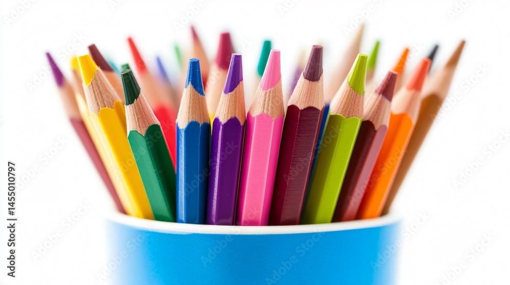 Fototapeta premium Vibrant Color Pencils in Cup on White Background for Creative Projects