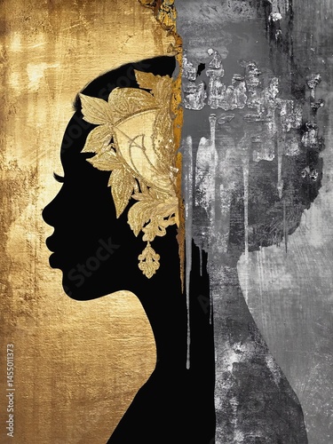 Artistic silhouette portrait combining gold and silver with intricate detailing on the subject's headpiece