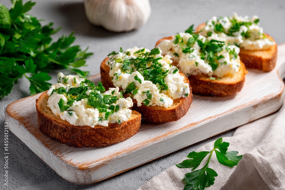 Four slices of toasted bread are topped with a generous layer of creamy cheese mixed with fresh herbs. The rustic wooden board is set against a neutral background, creating a cozy kitchen atmosphere Four slices of toasted bread are topped with a generous layer of creamy cheese mixed with fresh herbs. The rustic wooden board is set against a neutral background, creating a cozy kitchen atmosphere