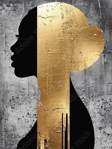 Elegant silhouette showcasing gold accents against a textured background, representing beauty and strength