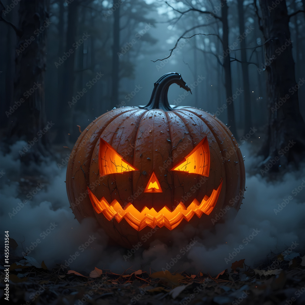Naklejka premium Spooky Jack-o'-lantern in a mystical forest.A vibrant jack-o'-lantern, carved with a menacing face, stands amidst a misty, dark forest.