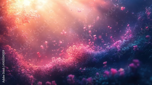 Radiant, ethereal floral wonderland.  Soft, glowing light streams through a magical, vibrant floral ecosystem