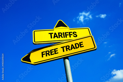 Tariffs or Trade trade. Traffic sign with two options. Trade barrier, tax, duty and customs on import and importers. International protectionism and protectionist economy.