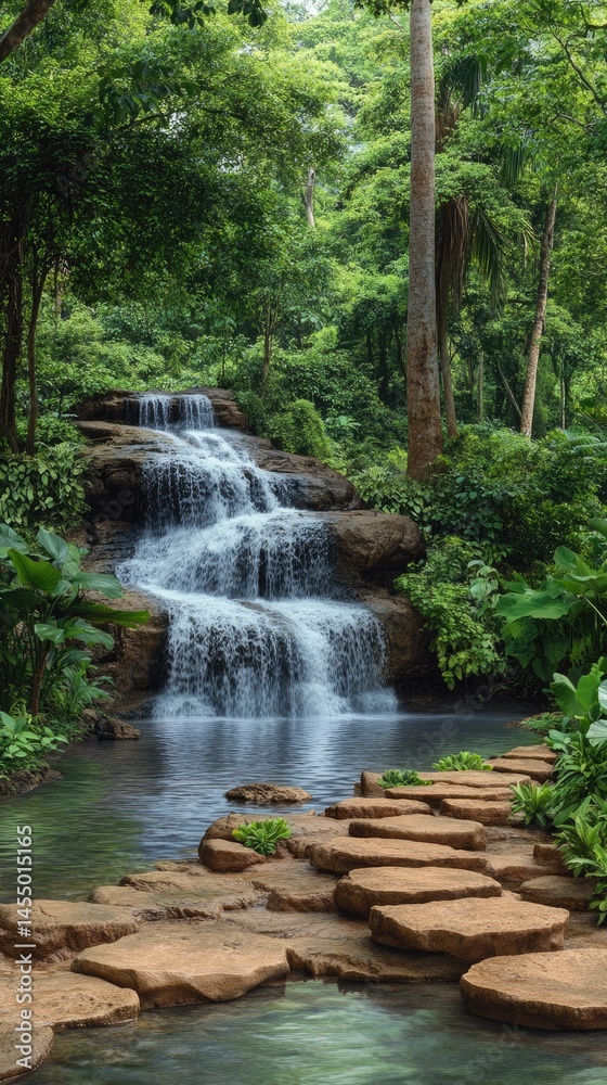 Lush waterfall cascading down rocky steps in a tropical forest Lush waterfall cascading down rocky steps in a tropical forest