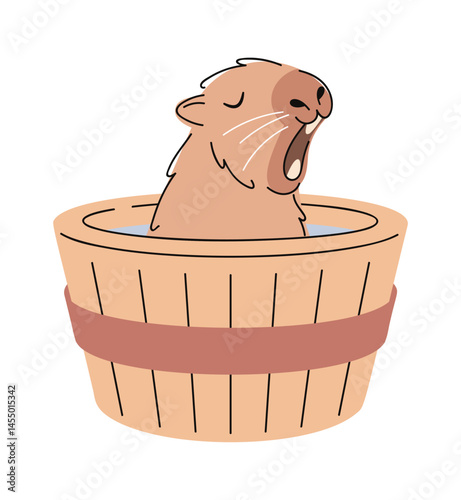 Capybara bathing inside wooden tub