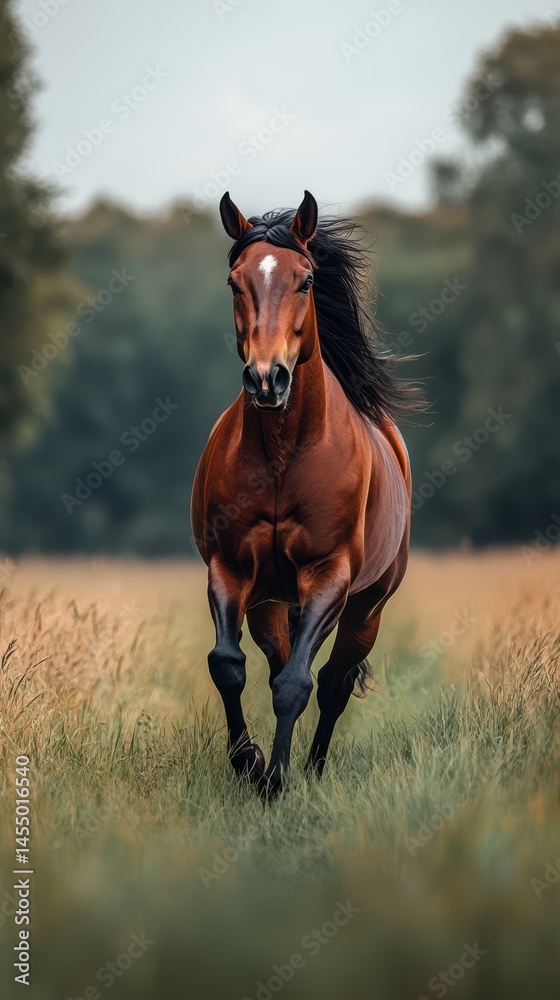 Fototapeta premium Majestic brown horse galloping through a lush green field on a sunny day