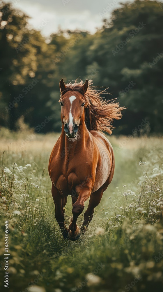 Fototapeta premium Horse galloping through a meadow with vibrant wildflowers under a cloudy sky during golden hour