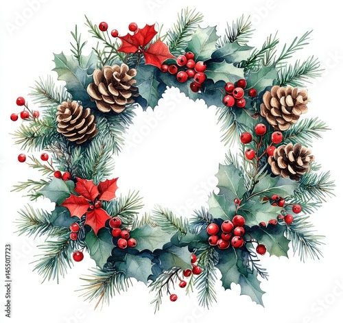 Festive circular wreath adorned with pine cones, holly, and berries.