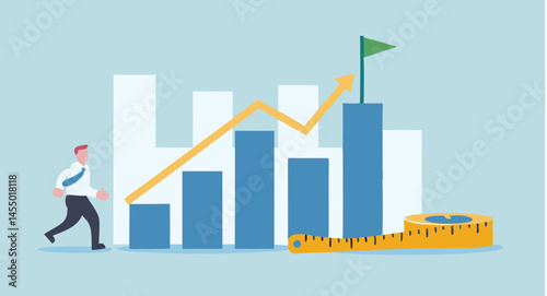 Man walking towards a bar graph with a green flag and a measuring tape on the side