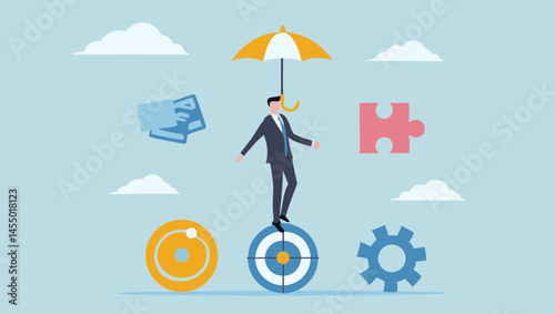 Man balancing on target with umbrella surrounded by business icons in the sky