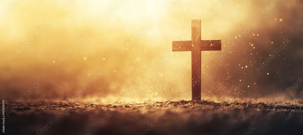 Fototapeta premium A wooden cross lies on the ground surrounded by golden light and floating dust particles