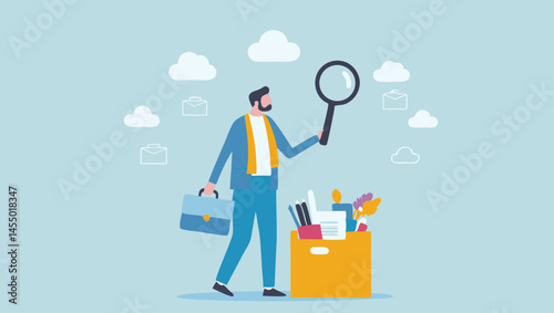 Man with magnifying glass examining box contents amid cloud and envelope icons art