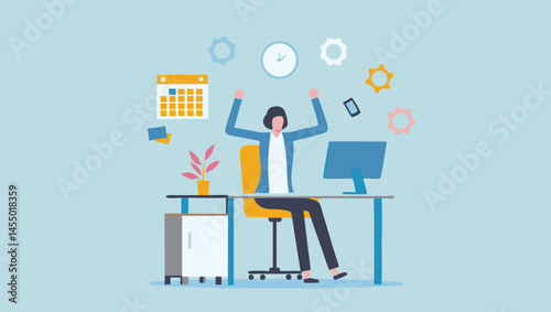 Woman at desk with computer calendar clock and other icons floating around her head
