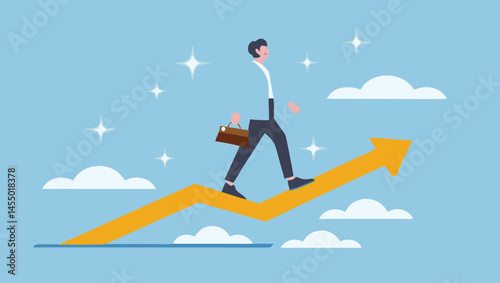 Man with briefcase walking on an upward trending arrow against a blue background