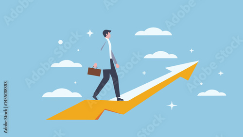 A businessman with a briefcase walks on an upward pointing arrow towards the clouds.