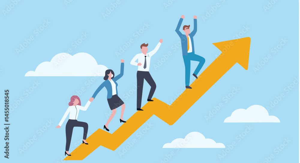 Fototapeta premium Business team climbing up an arrow towards success with a sky and clouds background
