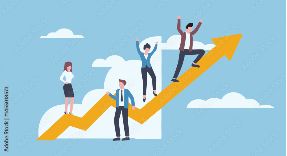 Fototapeta premium People celebrating success while standing on an upward trending arrow graph chart