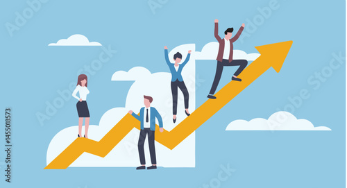 People celebrating success while standing on an upward trending arrow graph chart