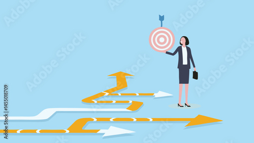 Businesswoman standing near target with arrows pointing in different directions