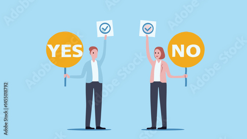 People holding yes and no signs with checkmarks on a light blue background design