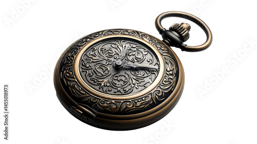 Vintage pocketwatch with floral ornaments, close up shot, cut out transparent