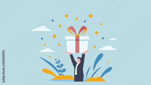 Person holding a gift box with ribbon in the air surrounded by stars and clouds art