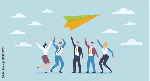 Group of people reaching for a paper airplane in a sky with scattered clouds above them