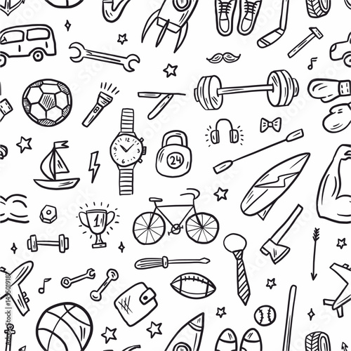Vector seamless pattern of men's items, symbols and accessories, hand drawn in doodle style