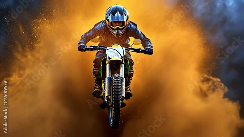 Dramatic motocross rider in action with vibrant color splash